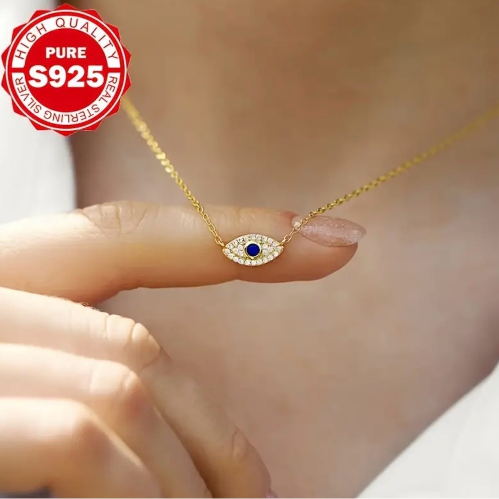 Elegant 925 Sterling Silver Gold Evil Eye Necklace - Picture 2 of 4